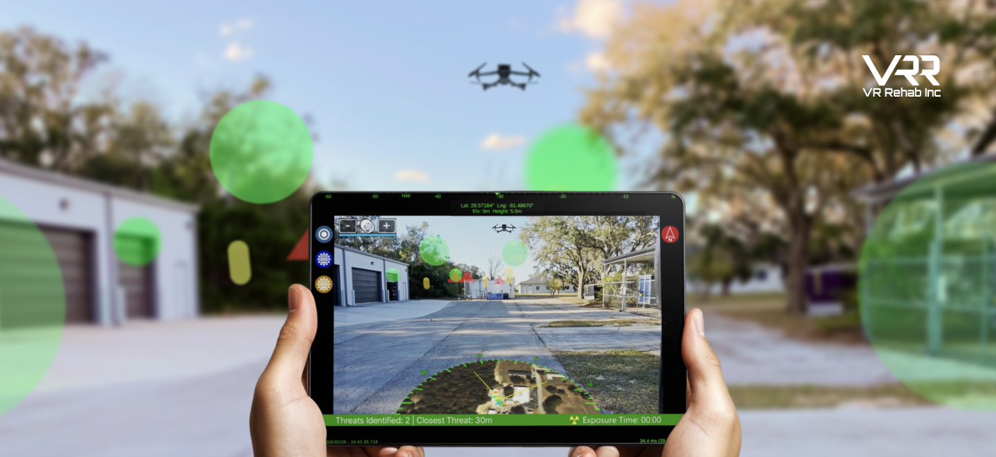 A person holding a tablet displaying an AR view of a drone detecting threats.